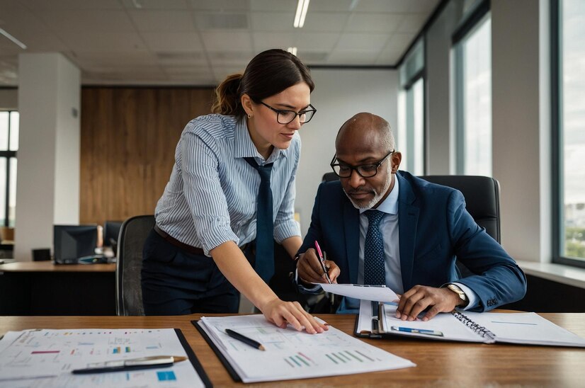 man woman are sitting desk with document that says financial growth 1230717 54857