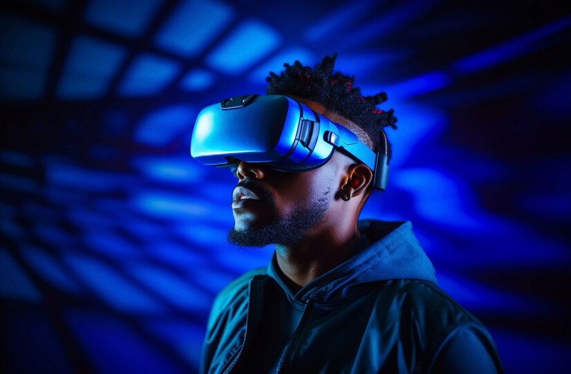 person wearing high tech vr glasses while surrounded by bright blue neon colors 23 2151255076