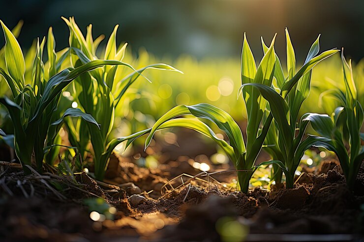 springtime corn grows field out focus green energy is produced by maize other agric 410516 96351